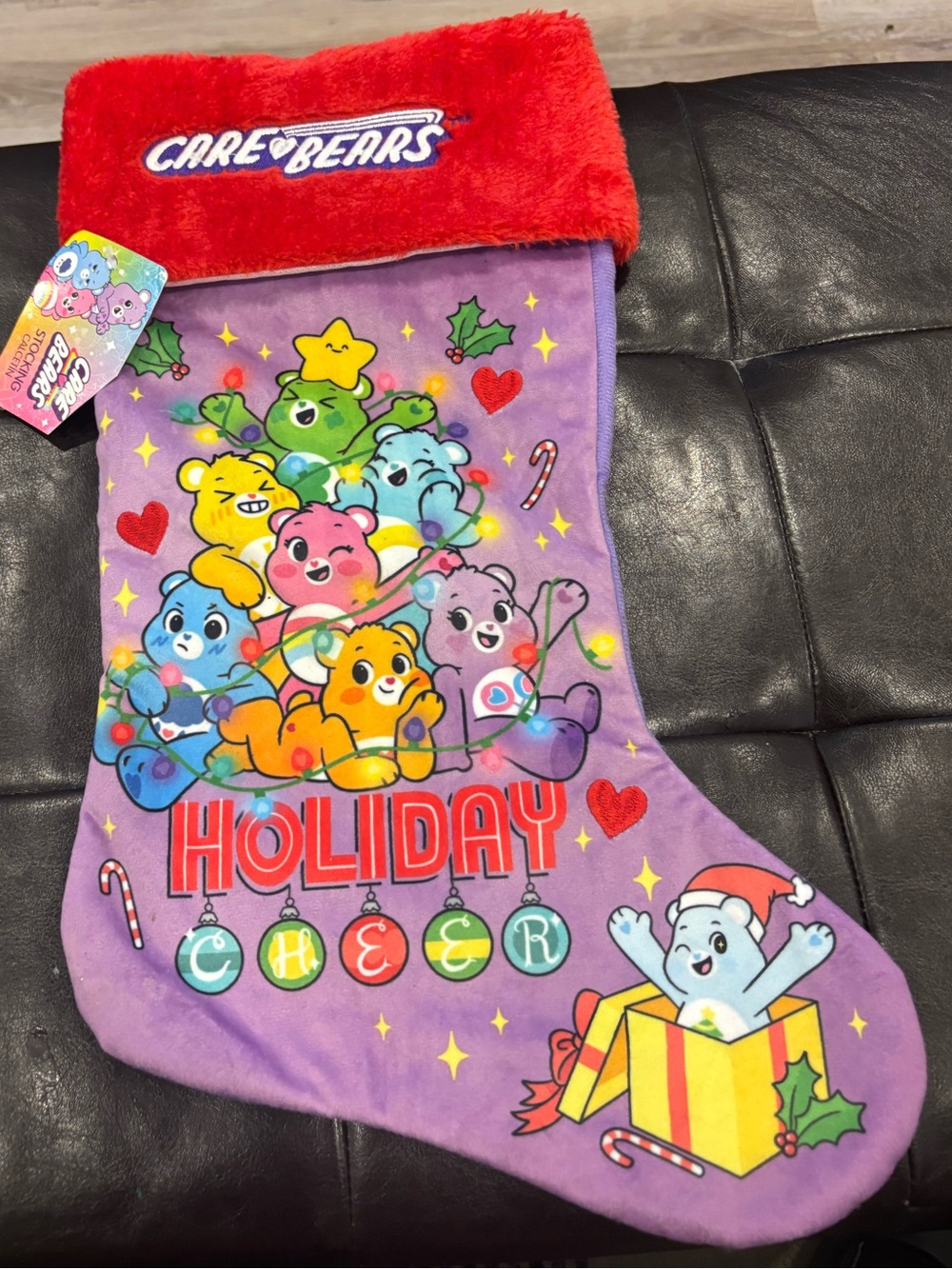 Care Bears Purple Holiday Stocking with Red Cuff and Multicolor Characters